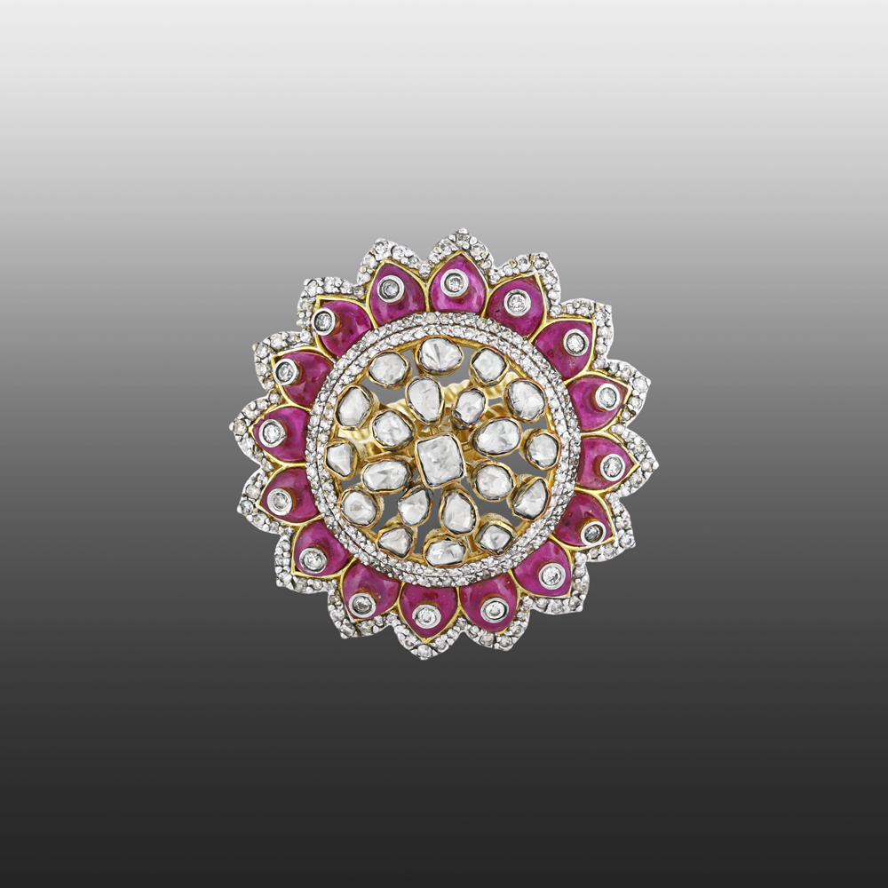 Polki Ring with Red Talaf and Diamond-Accented Petals